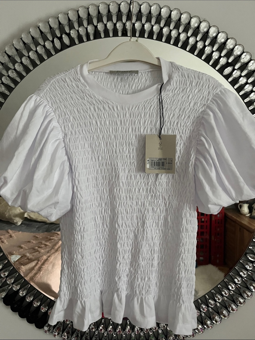 All Saints White Smocked Short-Sleeve Tee with Puff Sleeves